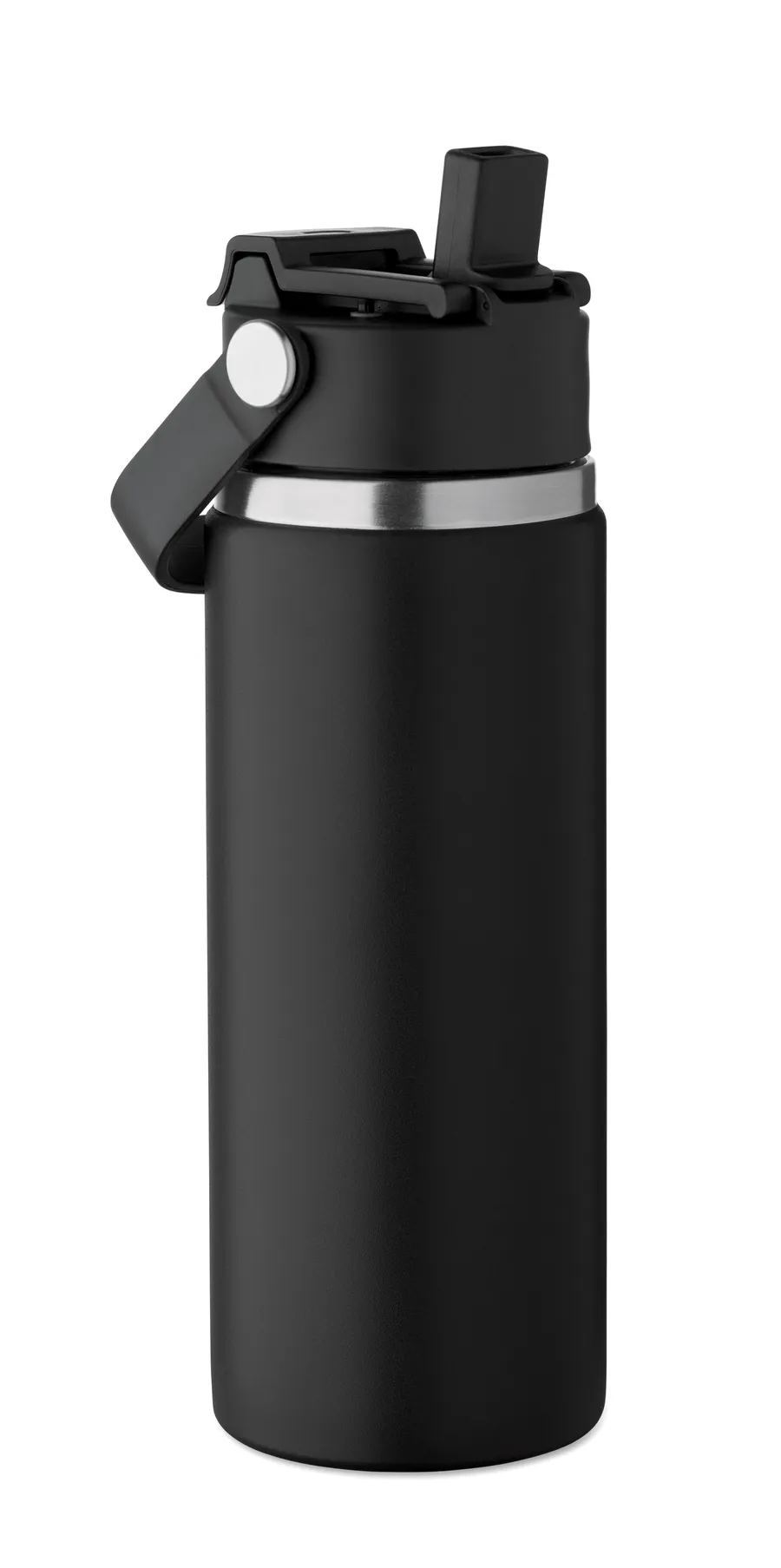 Musta kaksiseinäinen SUMA GRIP -juomapullo, jossa on pillillinen yhdistelmäkansi ja kannen kahva.