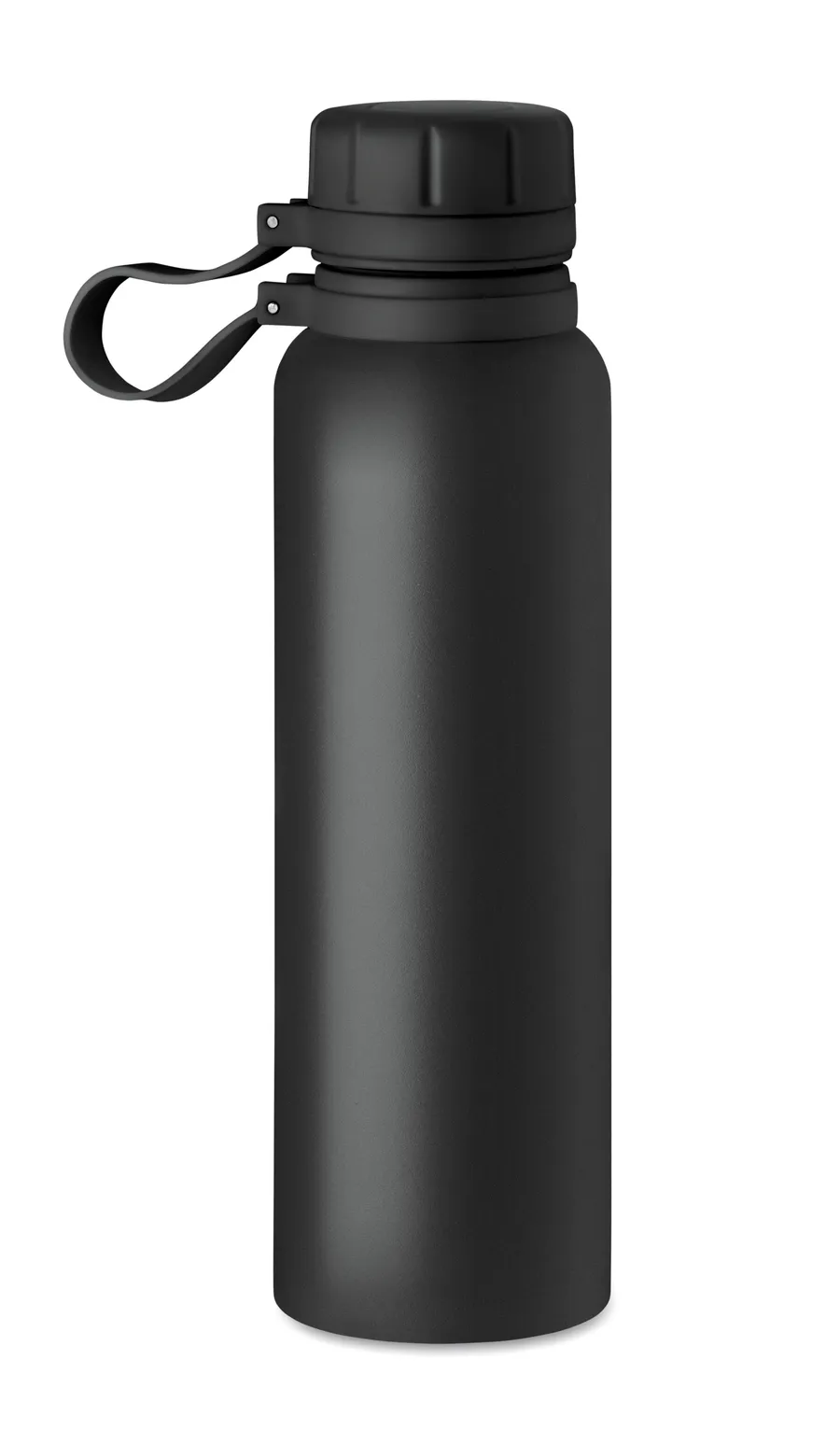 Musta teräksinen termospullo, kierrekorkki ja silikoninen ripustuslenkki.