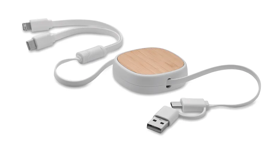 Valkoinen ulosvedettävä USB-latauskaapeli, jonka neliönmuotoisen kotelon kannessa on bambulevy.