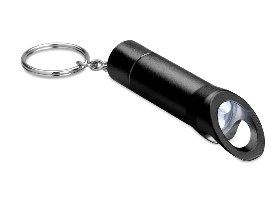 Musta alumiininen LITOP-avaimenperä, jossa LED-valo ja pullonavaaja sekä metallinen avainrengas.