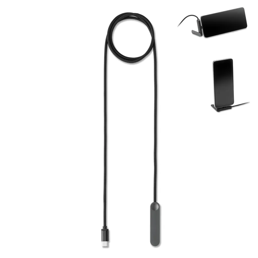 Musta NIFTY USB-C-kaapeli, jonka päässä on puhelinteline, ja teline käytössä puhelimen kanssa.