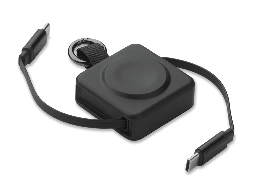 Musta neliömäinen kelautuva USB-C-kaapeli, jossa avaimenperän lenkki ja kaksi USB-C-liitintä.