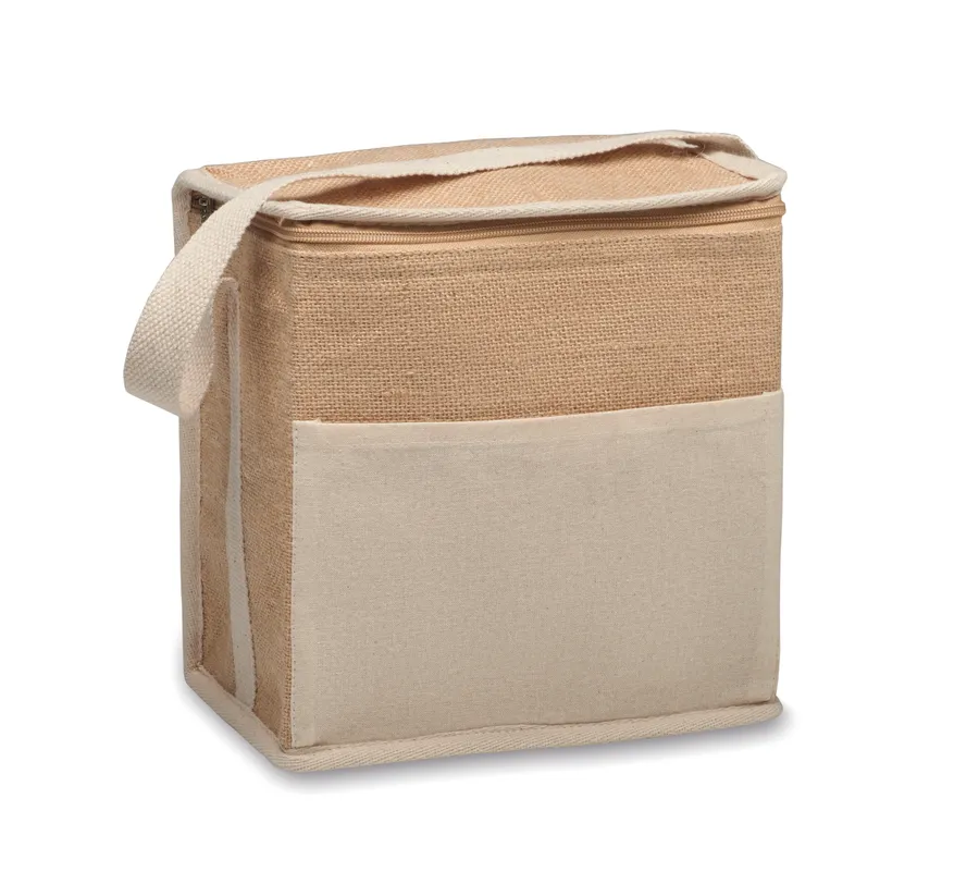 Beige juuttinen kylmälaukku, jossa vetoketju, vaalea etutasku ja puuvillainen kantokahva.