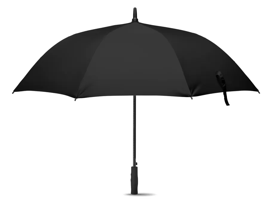 Musta sateenvarjo avattuna, suora kahva ja kumipinnoitettu ote.