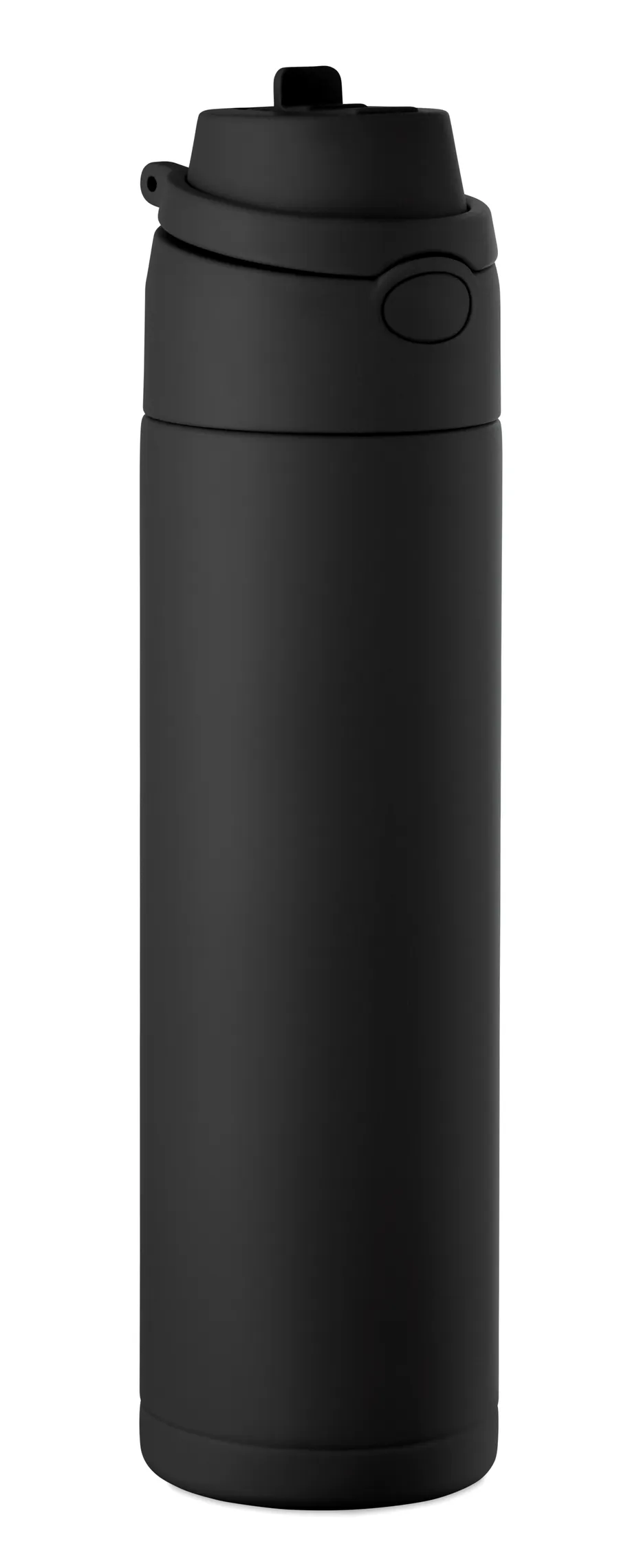Musta kaksiseinäinen termospullo 500 ml, jossa kääntyvä kansi, juomasuu ja kantokahva.