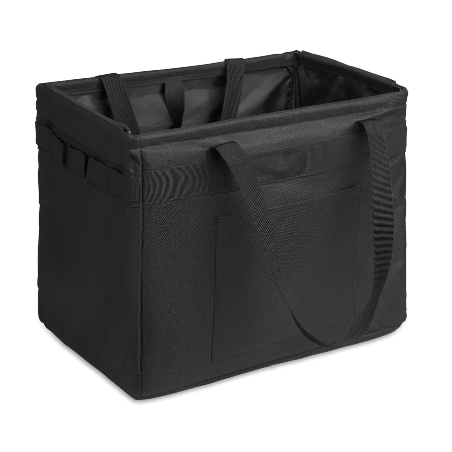 Musta taitettava säilytyslaukku, jossa kaksi kantokahvaa ja avoin etutasku.