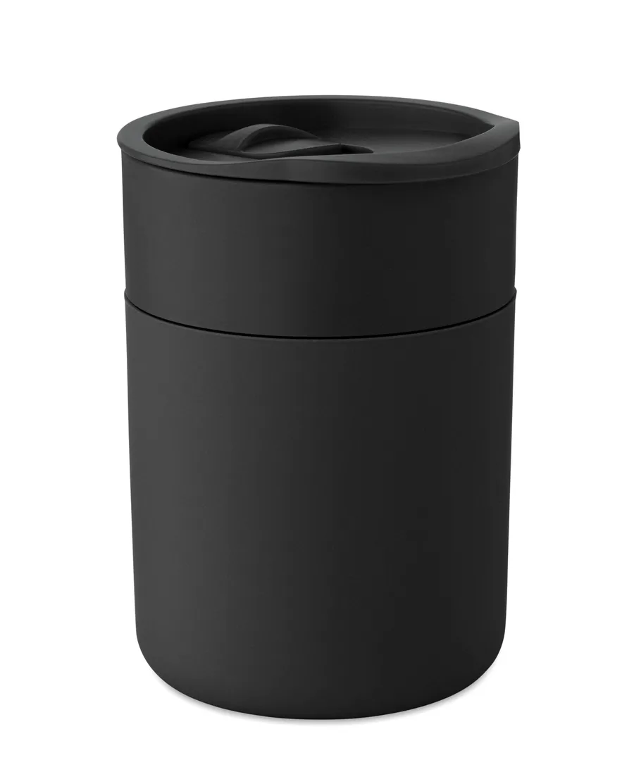 Musta GOBLET-muki silikoniholkilla ja liukukannella.