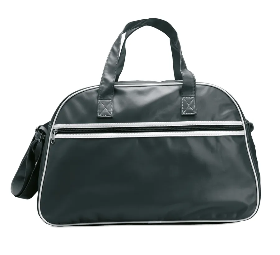Musta Vintage-urheilulaukku, jossa valkoiset yksityiskohdat, vetoketjullinen etutasku, kantokahvat ja olkahihna.