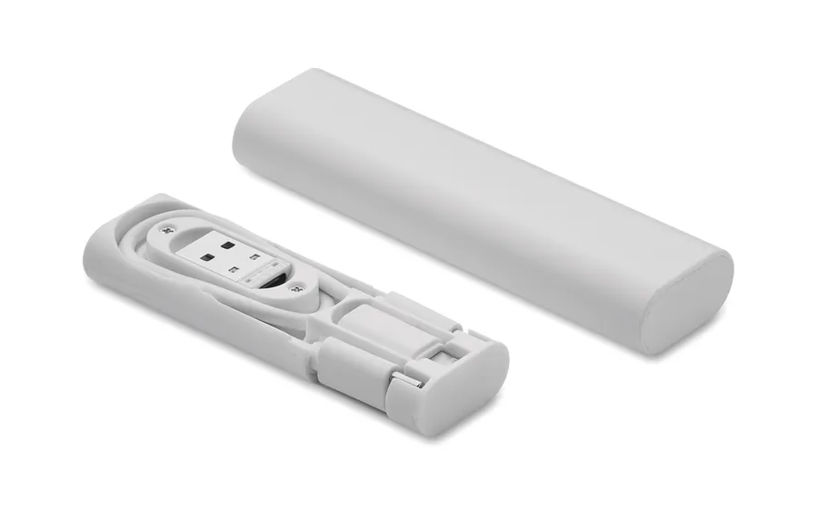 Valkoinen SUPABLE 9 in 1 -kaapeliliitinsarja avatussa kotelossa, kaapeli ja sovittimet näkyvissä.