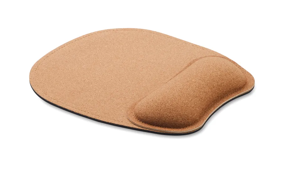 Beige korkkinen hiirimatto, jossa on kohotettu rannetuki.