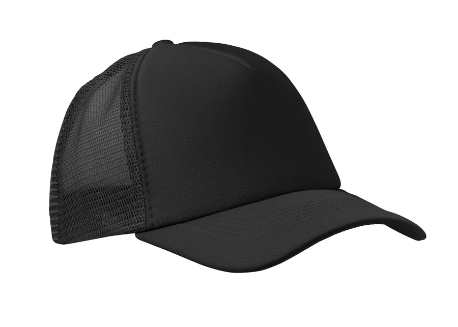 Musta 5-paneelinen trucker-lippis, jossa verkkopaneelit sivuilla ja kaareva lippa.