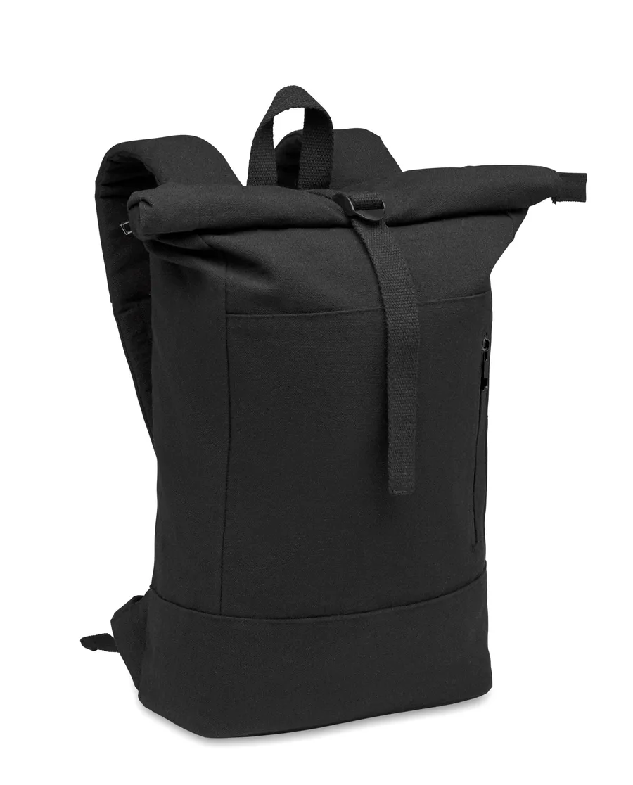 Musta KOPER ROLL -tietokonereppu, jossa rullattava yläosa ja vetoketjullinen etutasku.