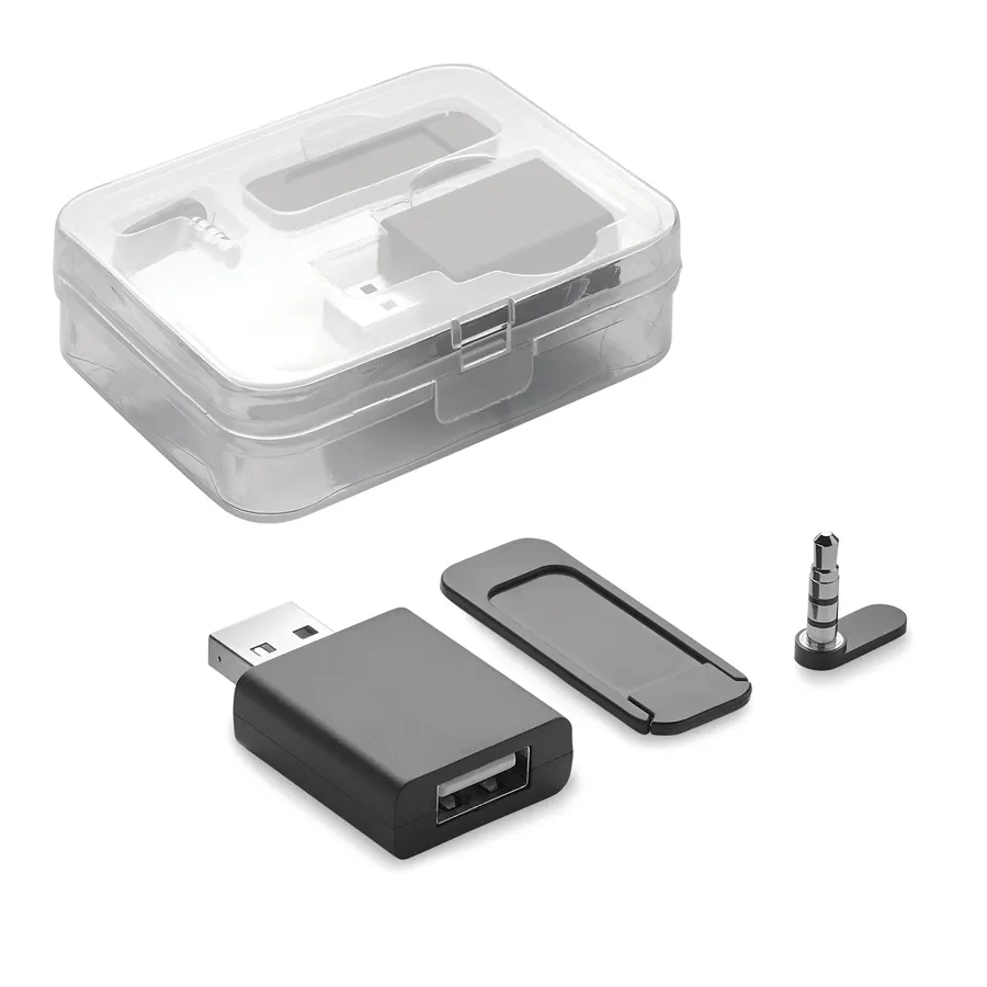 Musta datablokkaajasetti: USB-datablokkaaja, verkkokameran suoja ja äänensiirron esto sekä läpinäkyvä rasia.