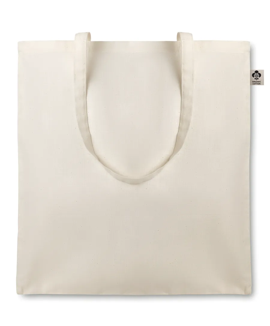 Beige luomupuuvillakassi pitkillä kahvoilla, ilman painatusta.