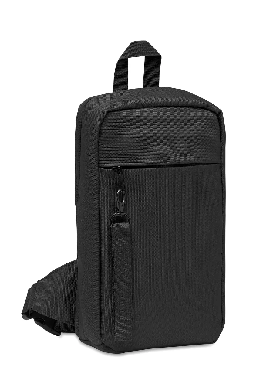 Musta CEBAG-crossbody-laukku, jossa vetoketjullinen etutasku, kantolenkki ja säädettävä olkahihna.