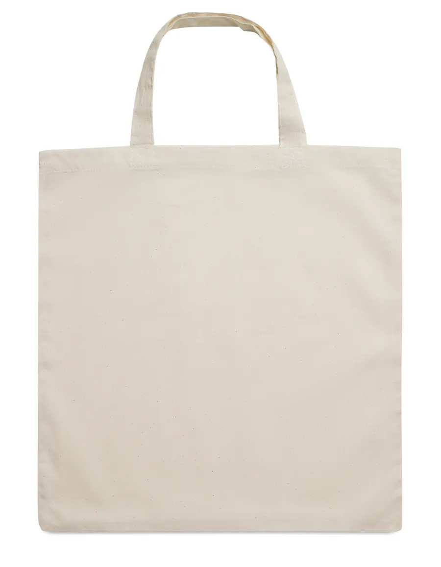 Beige puuvillakassi lyhyillä kahvoilla, ilman painatusta.