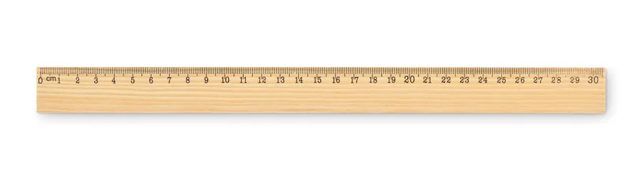 Puinen 30 cm viivoitin, jossa senttimetriasteikko.