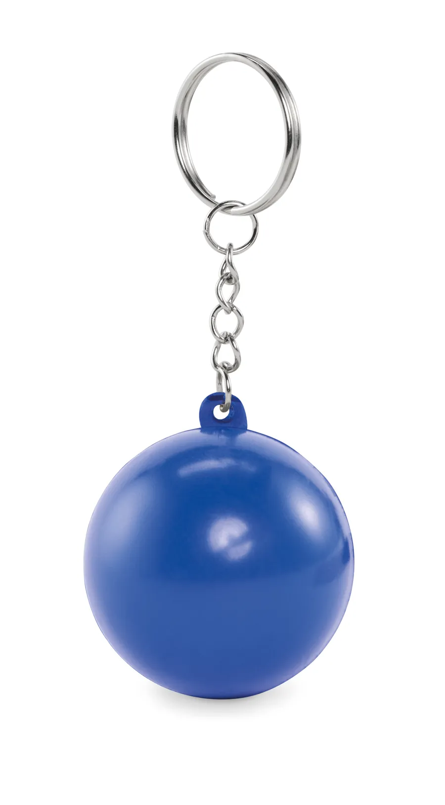 Sininen pallon muotoinen PU-avaimenperä metalliketjulla ja avainrenkaalla.