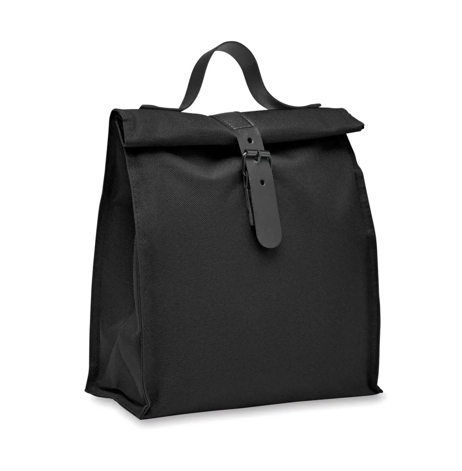 Musta rolltop-kylmälaukku, jossa on kantokahva ja soljellinen suljin.