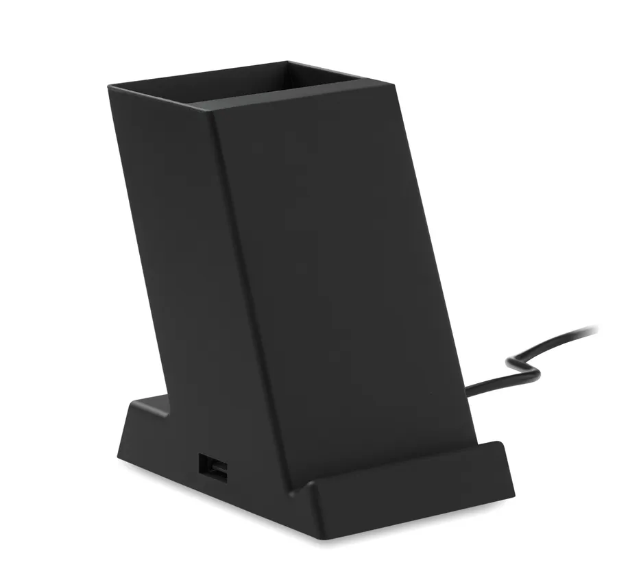 Musta langaton laturi, jonka yläosassa on kynäteline ja jalustassa USB-A-portti.