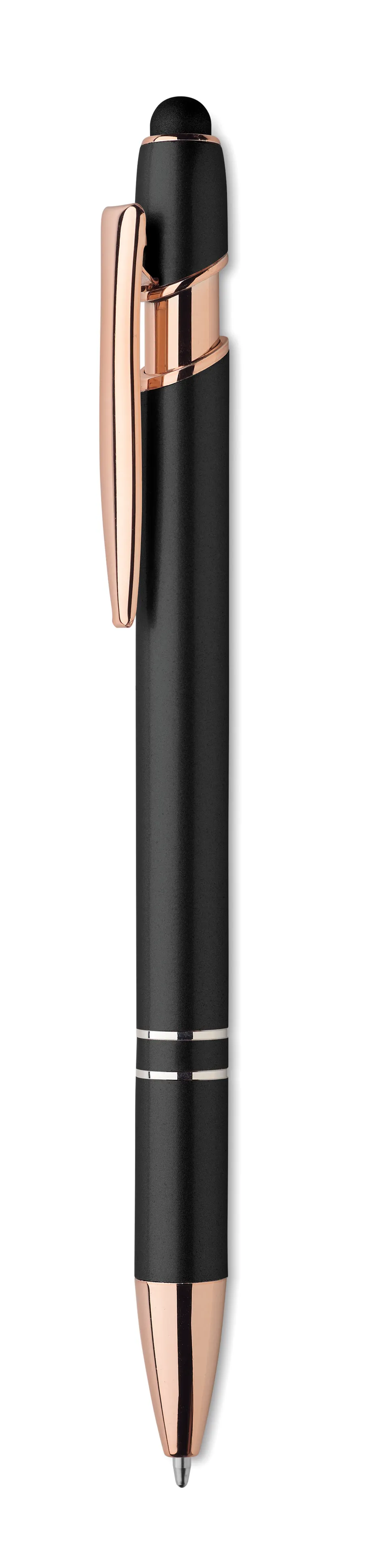Musta metallirunkoinen kuulakärkikynä, jossa on ruusukultainen pidike ja kärkiosa sekä stylus-kärki.