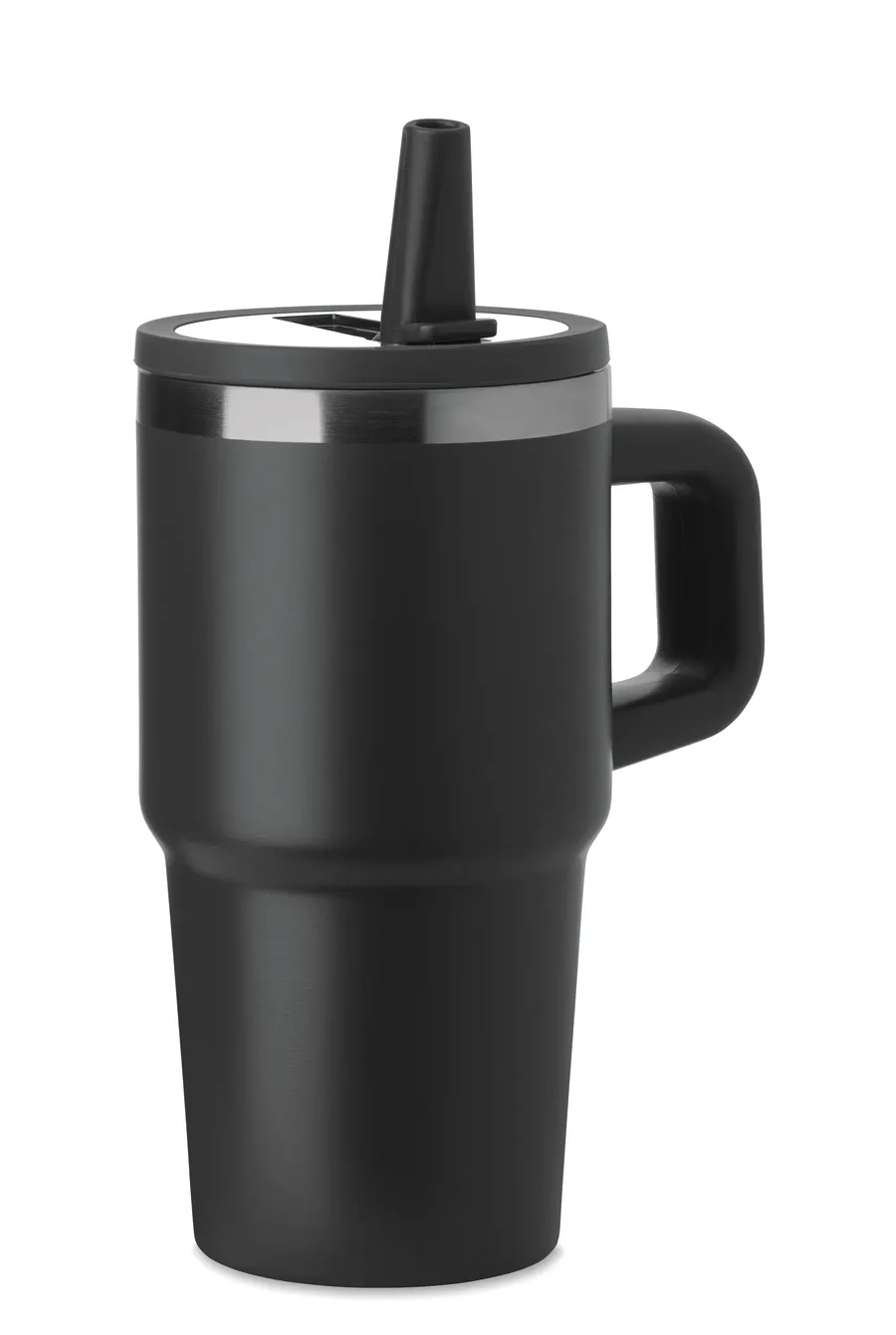 Musta kaksiseinäinen 500 ml:n muki, jossa on kahva sekä kansi ja pilli.