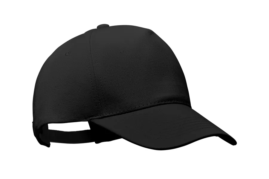 Musta viisipaneelinen baseball-lippis, jossa säädettävä nauha takana.