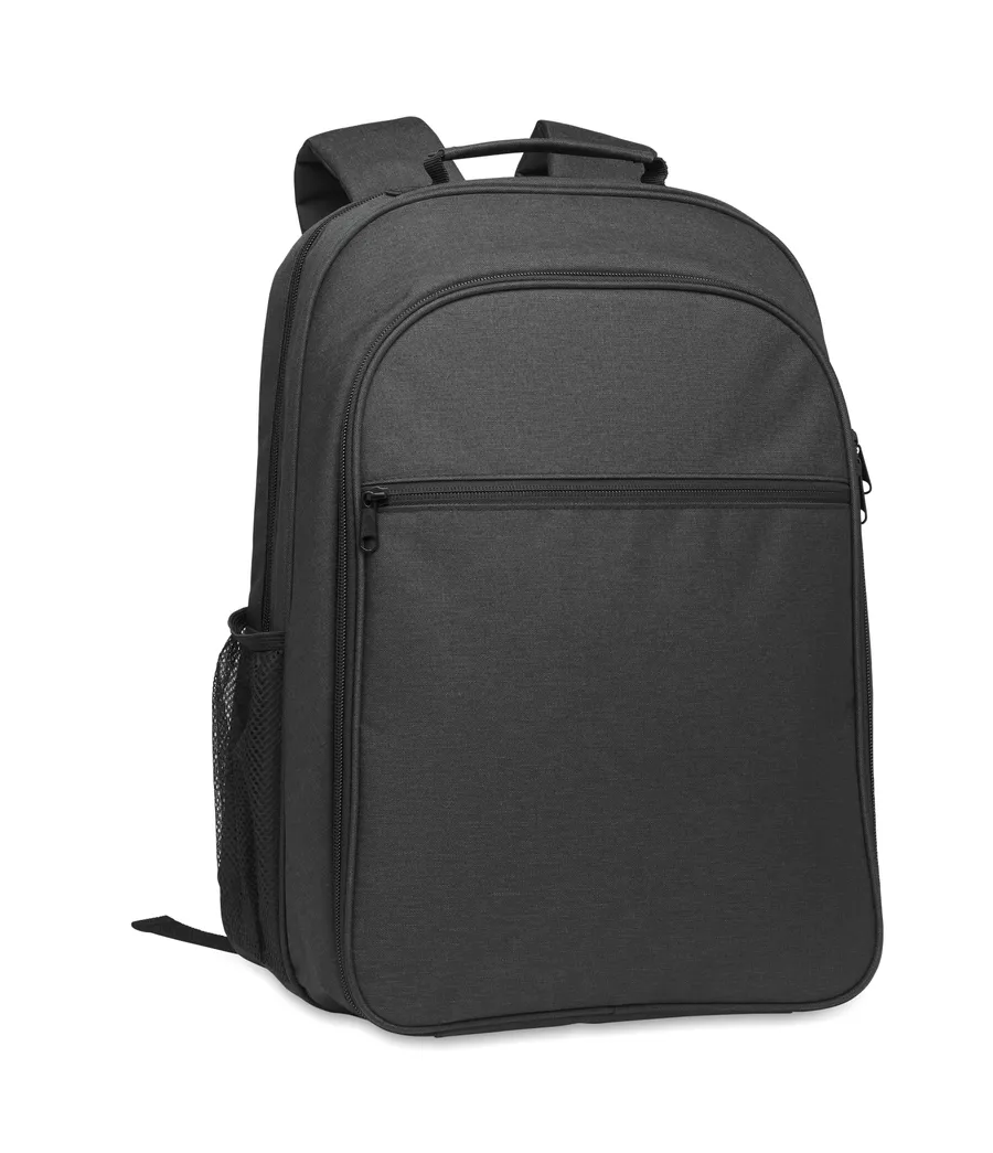 Musta COOLPACK-jäähdytysreppu, jossa vetoketjullinen etutasku ja verkkotasku sivussa.
