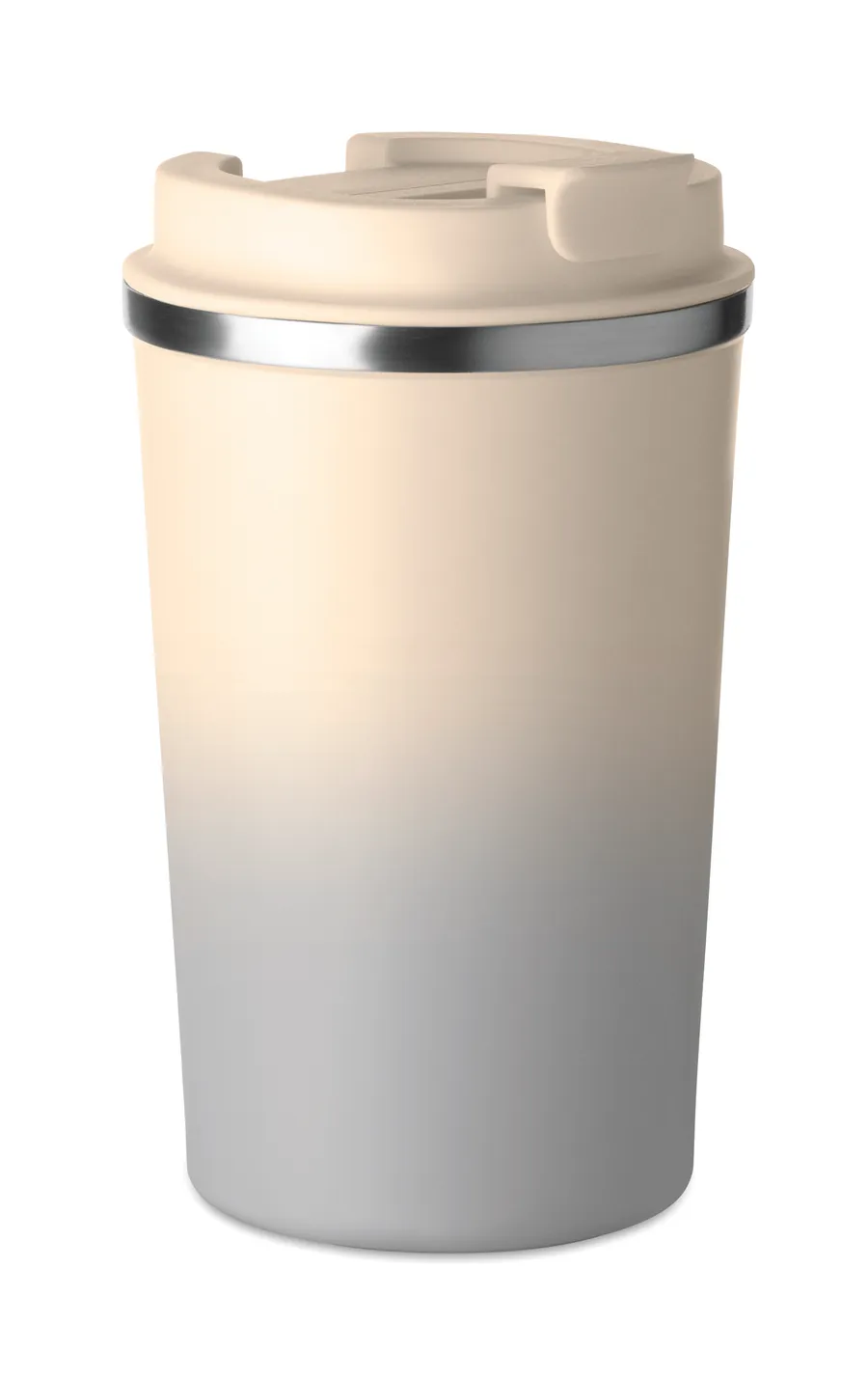 Kaksiseinäinen 350 ml muki juomakannella, väri vaaleasta harmaaseen liukuva, ilman painatusta.