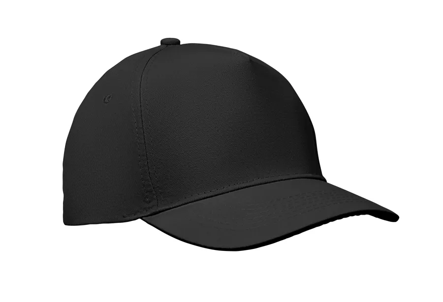 Musta viisipaneelinen baseball-lippis sivusta kuvattuna.