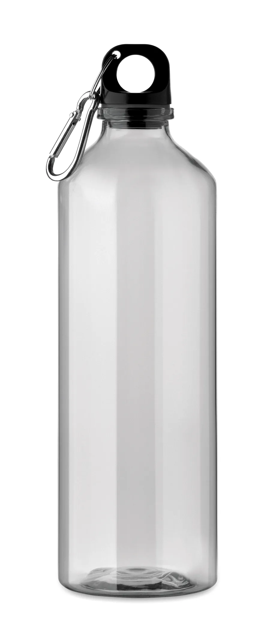 Läpinäkyvä 750 ml:n RPET-juomapullo, jossa musta korkki ja karbiinihaka.
