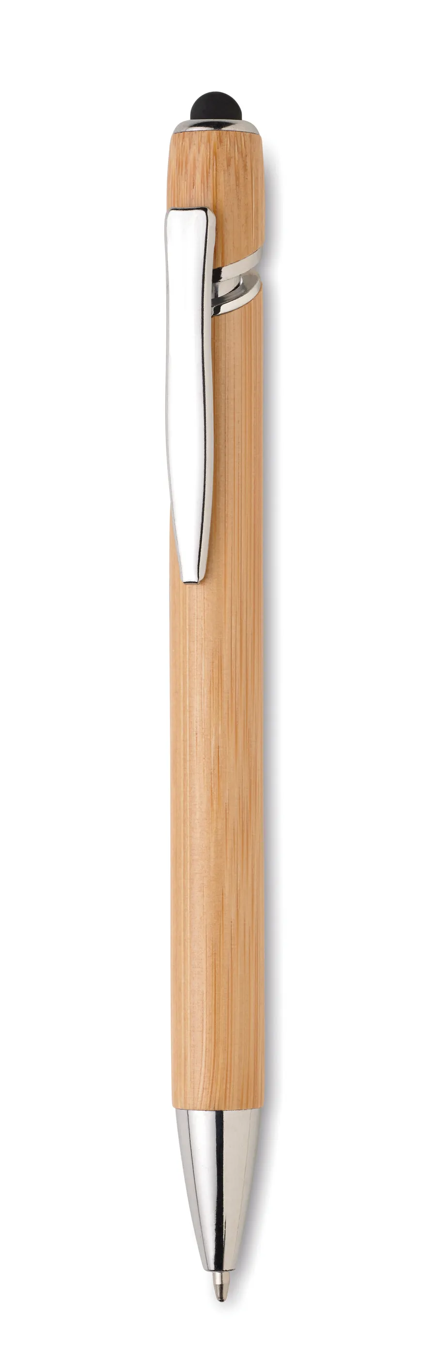 Bambuinen kuulakärkikynä, jossa on metalliklipsi, metallikärki ja musta stylus-kärki päässä.