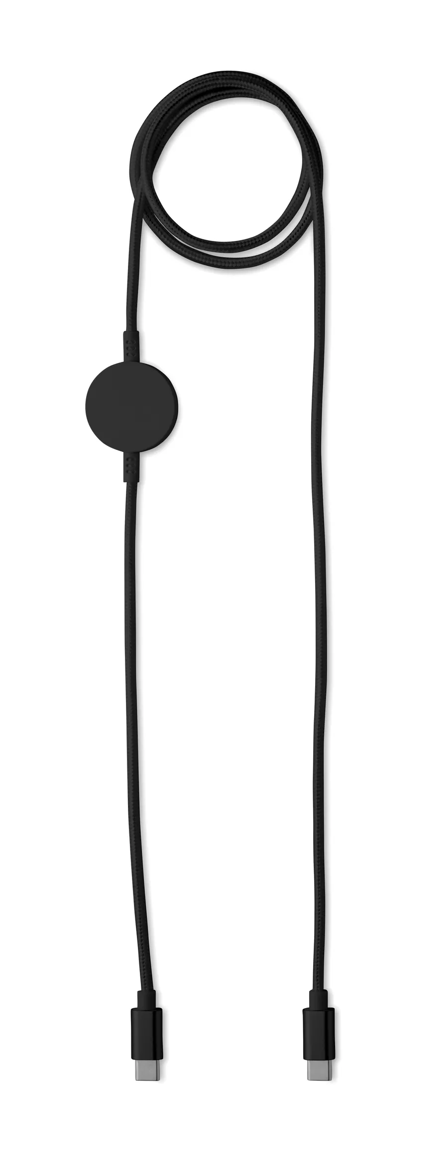 Musta ARGER-latauskaapeli, jossa pyöreä kellolaturi kaapelin varrella ja USB-C-liitin molemmissa päissä.