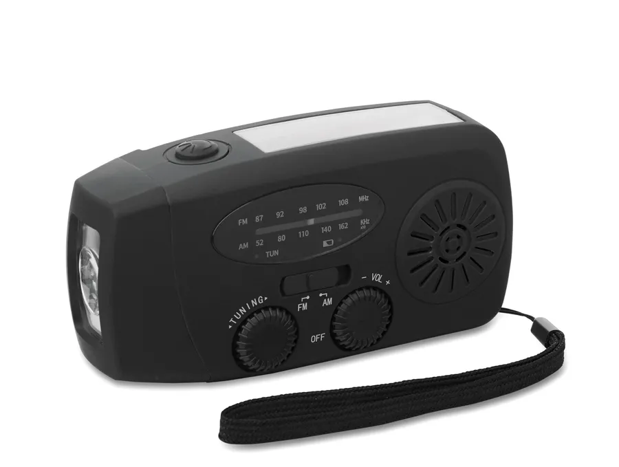 Musta kannettava AM/FM-radio, jossa LED-taskulamppu, aurinkokenno, säätönupit ja ranneremmi.