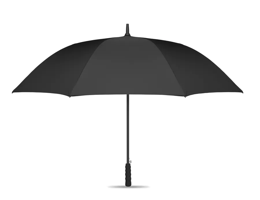 Avattu musta 27 tuuman sateenvarjo, jossa suora varsi ja musta kahva.