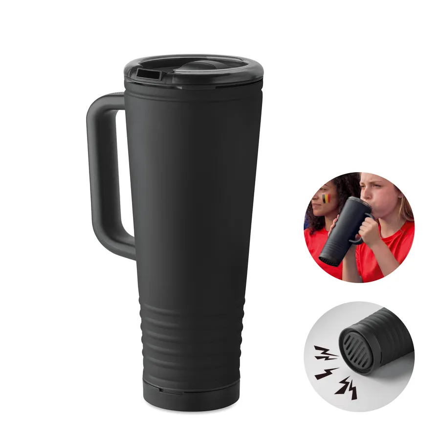 Musta HOWLER CUP -muki, jossa on kahva ja kansi sisäänrakennetulla äänitorvella.