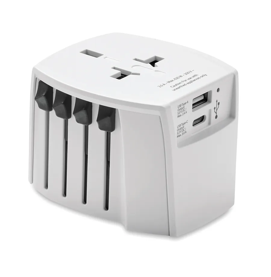 Valkoinen MUV USB A/C -matka-adapteri, jossa USB-A- ja USB-C-portit sekä useita pistokeosia.