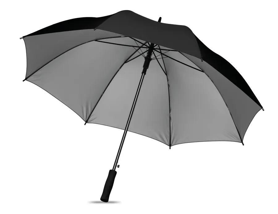 Avattu musta sateenvarjo, jossa suora kahva ja metallirunko.