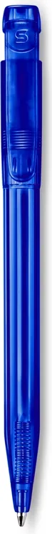 Läpikuultava tummansininen Pier Cristal Clear -kuulakärkikynä, jonka pidikkeessä on logopainatus.
