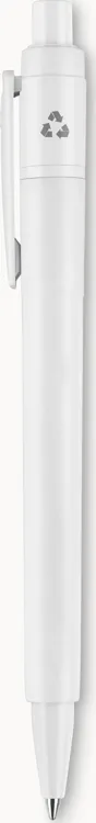 Valkoinen napillinen kuulakärkikynä, jonka yläosassa on kierrätysmerkki.