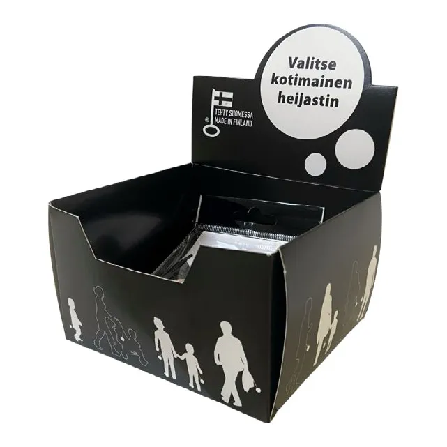Musta heijastimien myyntilaatikko otsakkeella ja valkoisilla ihmishahmoilla.