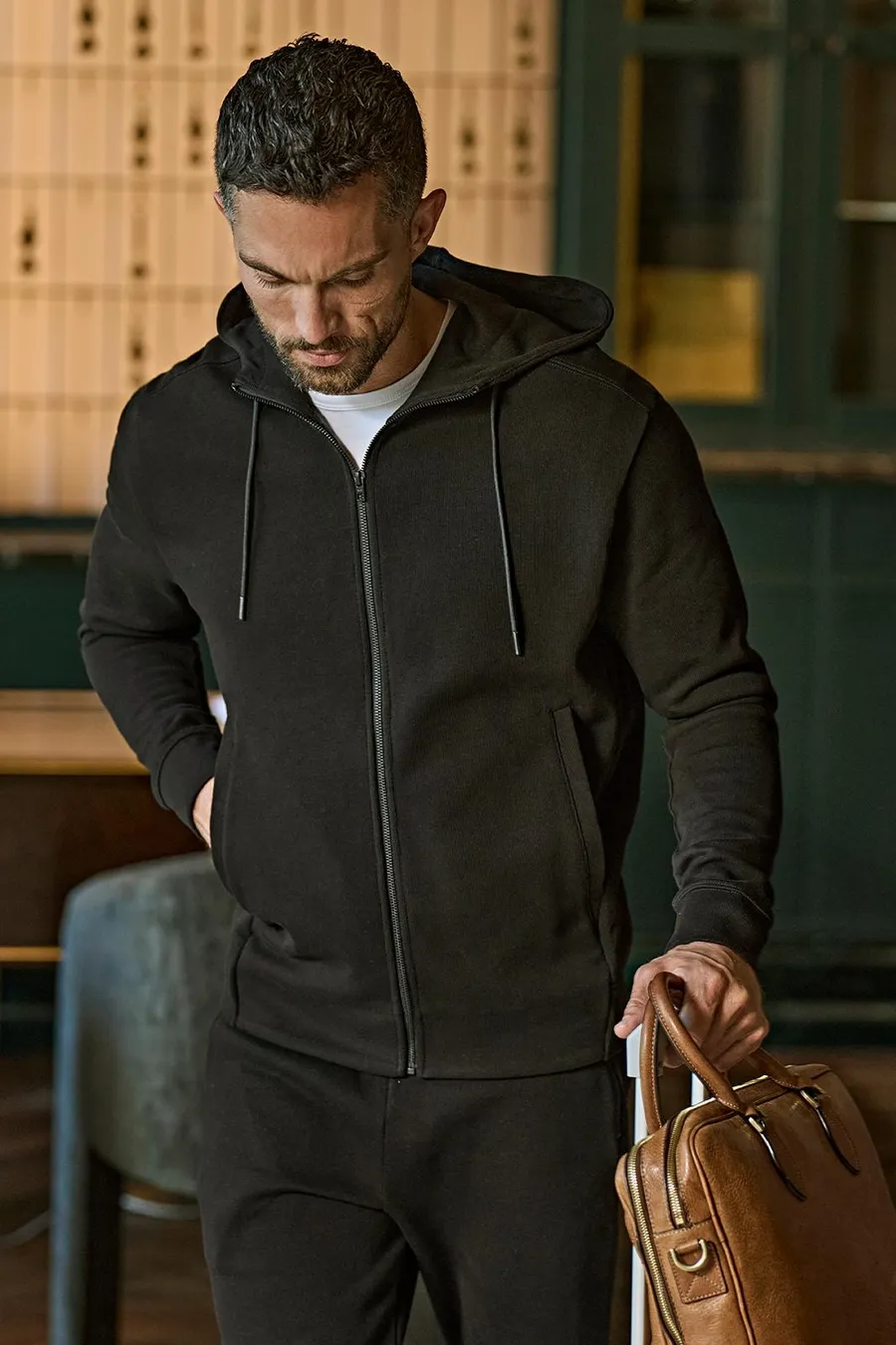 Ribbed interlock zip-up hoodie