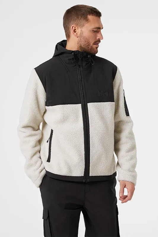 Musta ja luonnonvalkoinen miesten teddyfleece-takki, jossa on huppu ja vetoketju.