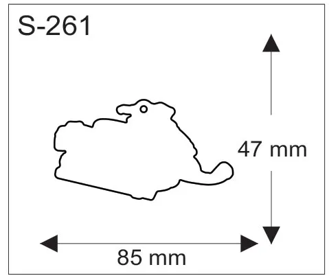 Reen muotoisen pehmoheijastimen ääriviivapiirros mittoineen 85 x 47 mm.