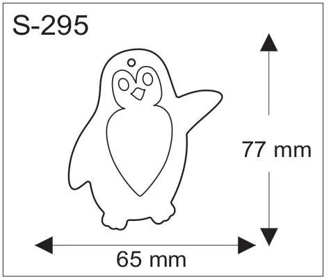 Pingviinin muotoinen pehmoheijastin, mitat 65 x 77 mm.