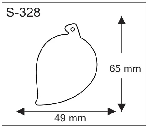 Lehden muotoisen pehmoheijastimen mittapiirros, leveys 49 mm ja korkeus 65 mm.