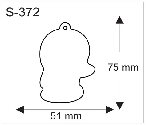 Ankan muotoisen pehmoheijastimen mittapiirros, leveys 51 mm ja korkeus 75 mm.
