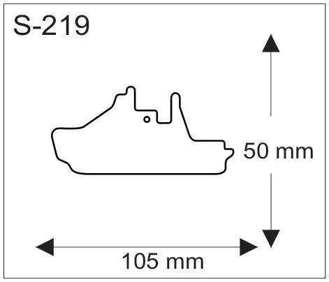 Laivan muotoinen pehmoheijastin mittapiirroksena, mitat 105 x 50 mm.
