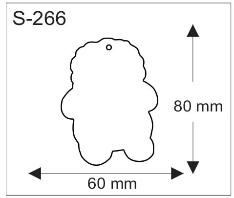 Eläinhahmon muotoinen pehmoheijastin ja sen mitat 60 mm x 80 mm.