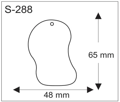 Pavun muotoisen pehmoheijastimen mittapiirros: leveys 48 mm ja korkeus 65 mm, yläreunassa ripustusreikä.